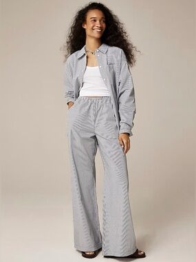 J. CREW Cosmo Wide Leg Cotton Pant in Navy Stripe Medium Petite NEW